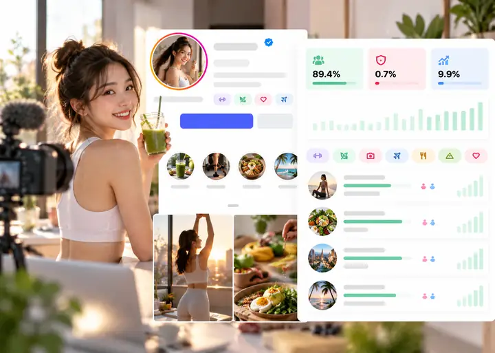 Creator profile interface with audience quality indicators and profile tags