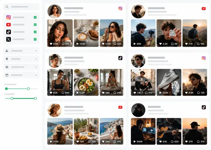 Creator search results displayed with profile previews and engagement information