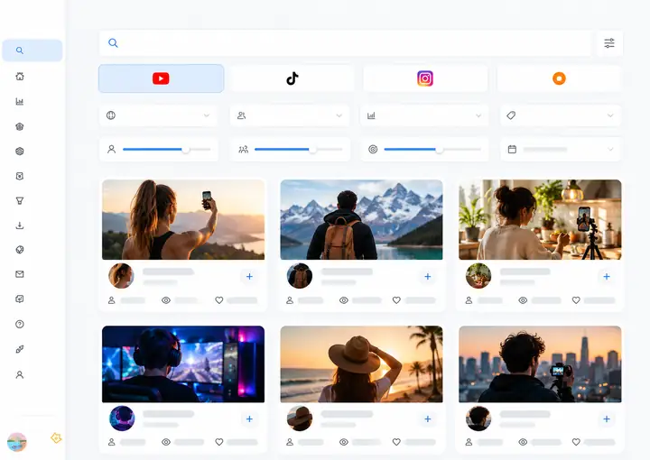 Influencer search interface with platform filters and creator discovery controls